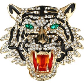 Tiger Head Brooch Rhinestone Crystal Lapel Pin Gold Tone Enamel Striped Roaring Wild Animal Suit Badge For Men Women in Kuwait