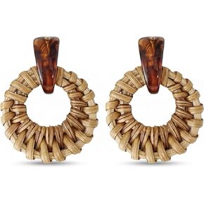Pair of Raffia Rattan Round Drop Dangle Earrings for Women, Lightweight Bohemian Woven Circle Statement, Warm-weather Beach Playful Fun Versatile Earrings in Saudi Arabia