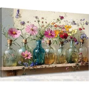 1Pcs Framed Retro Farmhouse Flowers Canvas wall art Colorful wildflowers Posters Prints Colored glass bottles Artwork Pictures Printing Wall Decor for Living Room Bedroom Bathroom Home Decoration in Saudi Arabia