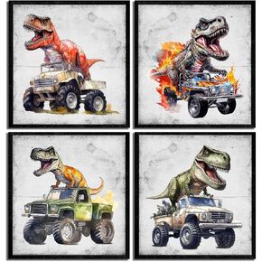 4Pcs Dinosaur Truck Nursery Canvas Wall Art Funny Vintage Boys Room Poster Prints Cool Truck Pictures Retro Dino Wall Decor for Kids Room Playroom Bedroom Home Decoration 12x12 in Unframed in Saudi Arabia