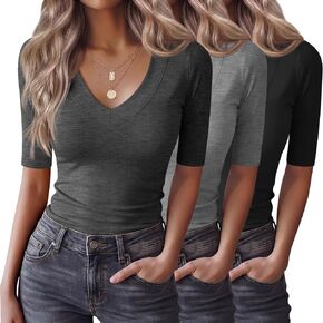 3 Pack Women's Half Sleeve T Shirts V Neck Elbow Length Slim Fit 1/2 Sleeve Tops Casual Basic Summer Tees in Saudi Arabia