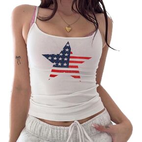 Women 4th of July Cami Tank Top Fitted Spaghetti Strap American Flag Graphic Patriotic Crop Top in Saudi Arabia