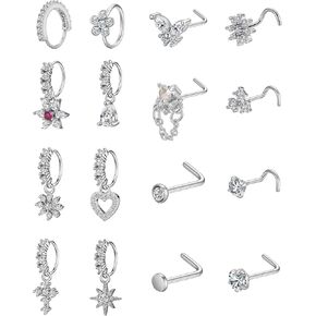 Gold/Silver Nose Rings Stud for Women Men Stainless Steel L Screw Shaped Heart Teardrop Cross Butterfly Flower CZ Dangle Nose Piercing Jewelry Hoops Nose Studs 20G in Saudi Arabia