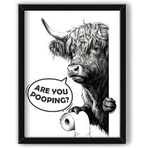 MSJGA Funny Highland Cow Bathroom Decor - “Are You Pooping?" Sign, Rustic Farmhouse Wall Art with Cute Animal Canvas Art for Restroom - Black Framed Cow Pictures Wall Decor Ready to Hang 12"x15" in Saudi Arabia