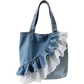 Denim Hobo Bag Lace Ruffle Tote Bag, Cute Lace Patchwork Jeans Purse Slouchy Shoulder Bag For Women, Casual Handbag Daily | Delicate Lace Ruffle in Saudi Arabia
