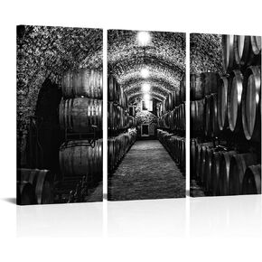 LevvArts Large 3 Piece Whiskey Cellar Canvas Wall Art Black and White Wooden Barrels Picture Painting for Modern Home Kichen Restaurant Decor Stretched and Framed Ready to Hang 16"x32"x3PCS in Saudi Arabia