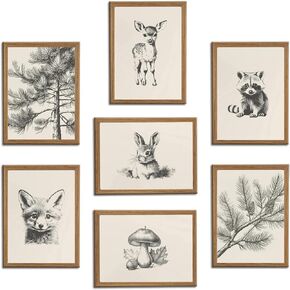 HDXUFJQ Wood Framed Neutral Nursery Wall Art Woodland Animal Canvas Wall Decor Forest Animal Themed Sketch Pictures Prints Vintage Rustic Baby Kids Boys Girls Room Home Paintings Decor（8"x10"） in Saudi Arabia