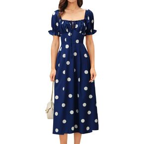 RIHOAS Womens Summer Dresses Square Neck Vintage Short Sleeve Midi Dress Casual Puff A Line Chiffon Sundress in Saudi Arabia