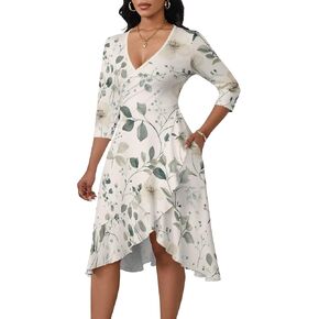 Women's 3/4 Sleeve Wrap Style Midi Dress V Neck Flowy Ruffle Hem Elegant Wedding Guest Church Tea Party Dress in Saudi Arabia