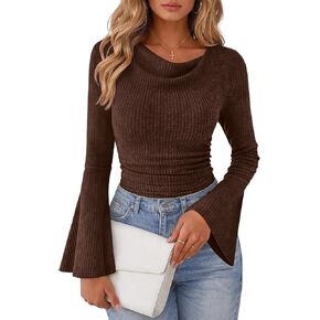 Lazysmile Women's Bell Sleeve Cowl Neck Ribbed Knit Shirts 2026 Ruched Trendy Going Out Tops Casual T Shirt in Saudi Arabia