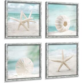 Beach Framed Wooden Wall Art: Ocean Artwork Set of 4 Starfish Seashell & Sand Dollar Pictures Prints Seascape Wall Decor for Bedroom in Saudi Arabia