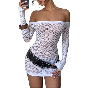 RoseSeek Women's Hollow Out Off Shoulder Dress Bodycon Long Sleeve Mini Dresses See Through Dress in Saudi Arabia
