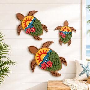 3 Pcs 3D Turtle Wooden Wall Decor Ocean Monstera Hibiscus Wall Art Tropical Coastal Decoration Vintage Home Decor for Bathroom Farmhouse Kitchen Bedroom Garden in Saudi Arabia