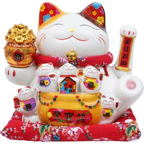Nisorpa 11" Ceramic Lucky Cat Waving Arm, Maneki Neko Fortune Cat Statue with Auto-Swing Plastic Arm, Chinese Feng Shui Wealth Decor for Home Office Shop Decorative Gift for Good Luck & Prosperity in Saudi Arabia