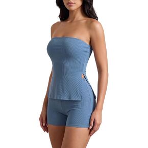 Narecte Women 2 Piece Outfit Strapless Tube Top and Shorts Set Ribbed Bodycon Matching Set Summer Lounge Workout in Saudi Arabia