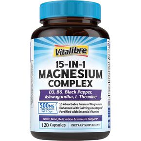 Vitalibre Magnesium Complex Supplement 15 in 1, Magnesium Glycinate, Malate, Taurate and More, with Ashwagandha, L-Theanine, Vitamin D3 & B6, Relaxation, Bone, Nerve Support, 120 Capsules in Kuwait