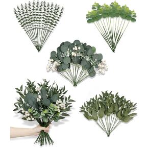 60 Pcs Mixed Artificial Eucalyptus Leaves Stems Bulk, 5Kinds Fake Greenery Silver Dollar Leaves Dried Eucalyptus Bundle with White Seeds Berry for DIY Bouquets Floral Arrangement Wedding Vase in Saudi Arabia
