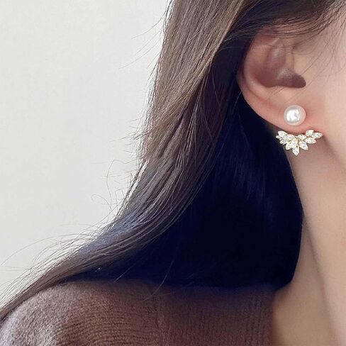 Vintage Pearl Crystal Ear Jacket Earrings Gold Cluster Cz Earring Tiny Pearl Stud Earring Multi Rhinestone Floating Earrings Jewelry for Women in Kuwait