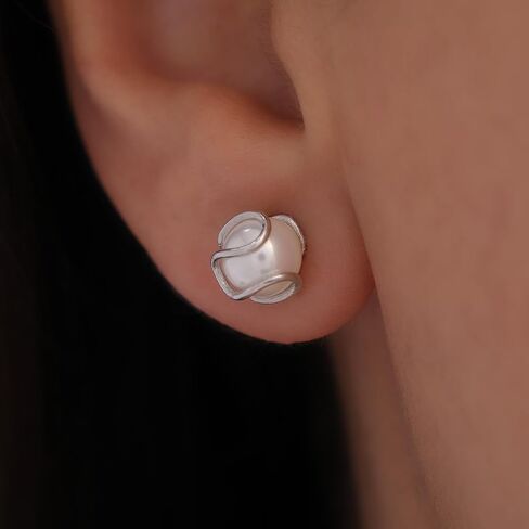 925 Sterling Silver Wavy Caged Pearl Stud Earrings I Elegant Minimalist Jewelry for Women in Kuwait