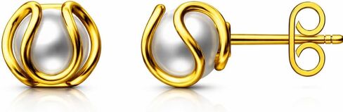 925 Sterling Silver Wavy Caged Pearl Stud Earrings I Elegant Minimalist Jewelry for Women in Kuwait
