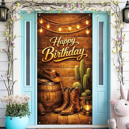 Happy Birthday Door Banner 35x71 Inch, Western Cowboy Birthday Door Banner with Boots Hat Cactus Rustic Wood Design, Country Birthday Party Decoration Front Door Porch Entrance in Kuwait