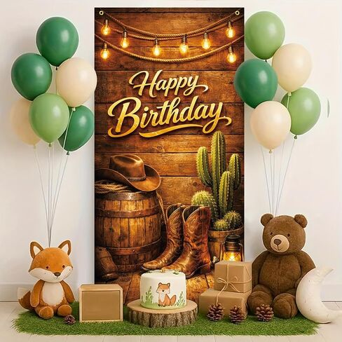Happy Birthday Door Banner 35x71 Inch, Western Cowboy Birthday Door Banner with Boots Hat Cactus Rustic Wood Design, Country Birthday Party Decoration Front Door Porch Entrance in Kuwait