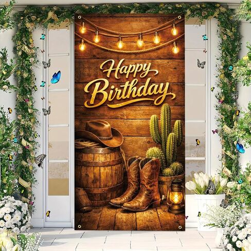 Happy Birthday Door Banner 35x71 Inch, Western Cowboy Birthday Door Banner with Boots Hat Cactus Rustic Wood Design, Country Birthday Party Decoration Front Door Porch Entrance in Kuwait