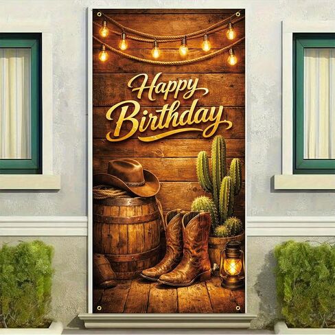 Happy Birthday Door Banner 35x71 Inch, Western Cowboy Birthday Door Banner with Boots Hat Cactus Rustic Wood Design, Country Birthday Party Decoration Front Door Porch Entrance in Kuwait