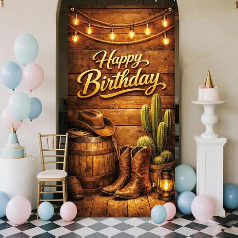 Happy Birthday Door Banner 35x71 Inch, Western Cowboy Birthday Door Banner with Boots Hat Cactus Rustic Wood Design, Country Birthday Party Decoration Front Door Porch Entrance in Kuwait