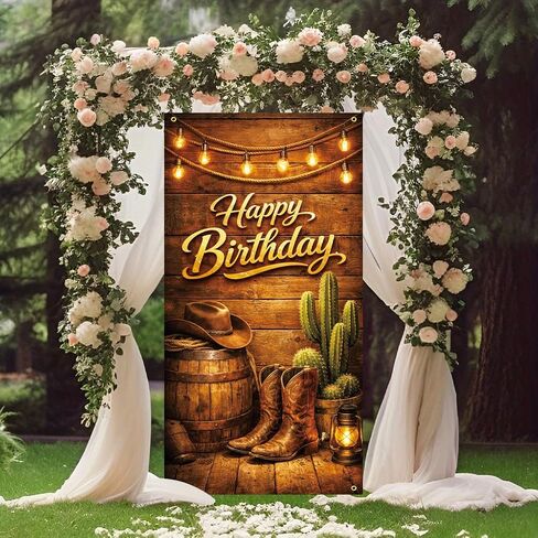Happy Birthday Door Banner 35x71 Inch, Western Cowboy Birthday Door Banner with Boots Hat Cactus Rustic Wood Design, Country Birthday Party Decoration Front Door Porch Entrance in Kuwait