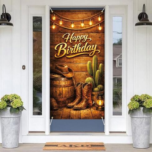 Happy Birthday Door Banner 35x71 Inch, Western Cowboy Birthday Door Banner with Boots Hat Cactus Rustic Wood Design, Country Birthday Party Decoration Front Door Porch Entrance in Kuwait