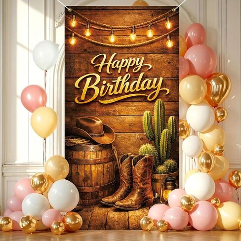 Happy Birthday Door Banner 35x71 Inch, Western Cowboy Birthday Door Banner with Boots Hat Cactus Rustic Wood Design, Country Birthday Party Decoration Front Door Porch Entrance in Kuwait