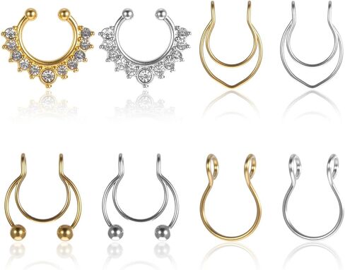 8Pcs Fake Septum Ring, Stainless Steel Clip on Nose Ring, Faux Septum Piercings for Women Men Non Piercing Nose Jewelry (Gold, Silver) in Saudi Arabia