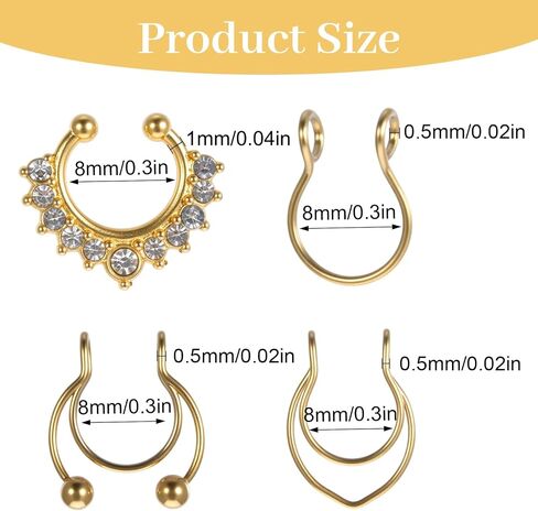 8Pcs Fake Septum Ring, Stainless Steel Clip on Nose Ring, Faux Septum Piercings for Women Men Non Piercing Nose Jewelry (Gold, Silver) in Saudi Arabia