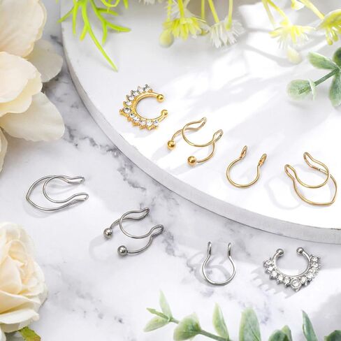 8Pcs Fake Septum Ring, Stainless Steel Clip on Nose Ring, Faux Septum Piercings for Women Men Non Piercing Nose Jewelry (Gold, Silver) in Saudi Arabia