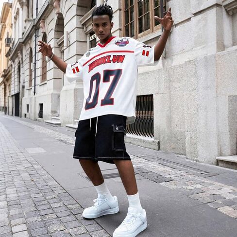 Men's Oversized Hip Hop T-Shirt - Breathable V-Neck Streetwear Graphic Jersey Tee with Brooklyn Print - White in Kuwait