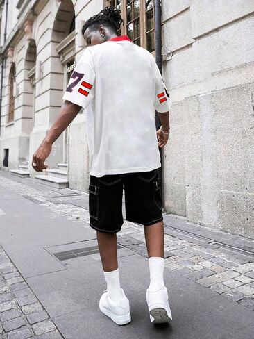 Men's Oversized Hip Hop T-Shirt - Breathable V-Neck Streetwear Graphic Jersey Tee with Brooklyn Print - White in Kuwait
