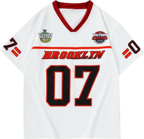 Men's Oversized Hip Hop T-Shirt - Breathable V-Neck Streetwear Graphic Jersey Tee with Brooklyn Print - White in Kuwait