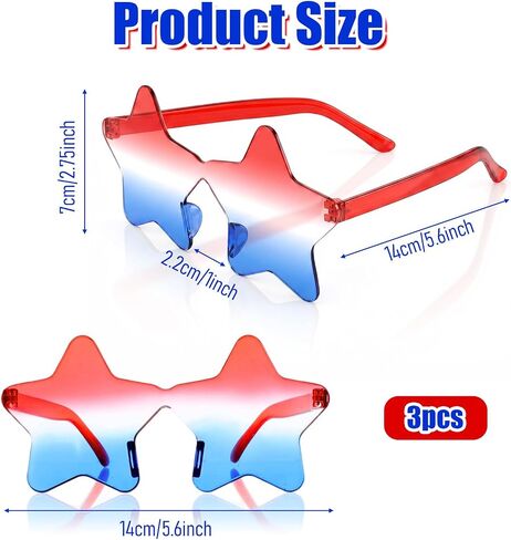 3 Pair 4th of July Glasses, Red White and Blue Style Star Glasses, Star Sunglasses for Women Men, Patriotic Rimless Star Shaped Glasses for Independence Patriots Women Outfit and Decorations in Saudi Arabia