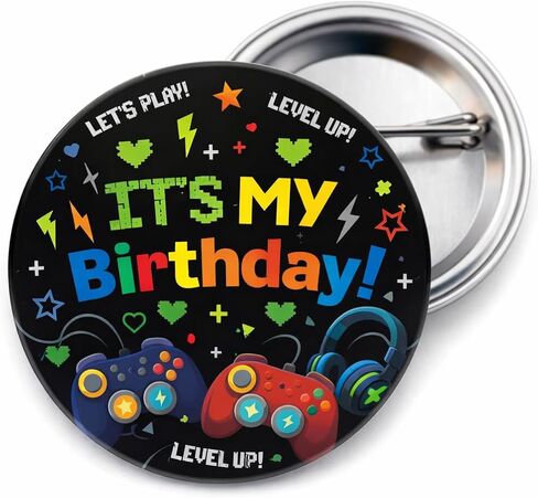 دبوس ألعاب It's My Birthday، شارة زر مستديرة مقاس 2.25 بوصة مع موضوع مستوى أعلى، بروش كرتوني مضحك لتزيين حفلات الألعاب in Kuwait