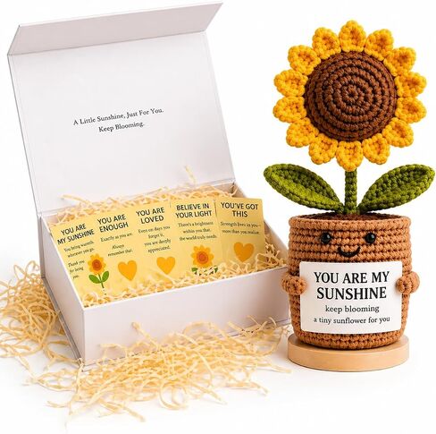 Handmade Crochet Sunflower Desk Decor - Knitted Positive Flower Figurine with Gift Box & 5 Message Cards, Aesthetic Office Home Room Decor Gift in Kuwait
