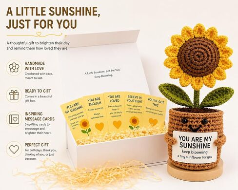 Handmade Crochet Sunflower Desk Decor - Knitted Positive Flower Figurine with Gift Box & 5 Message Cards, Aesthetic Office Home Room Decor Gift in Kuwait