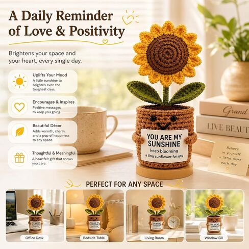 Handmade Crochet Sunflower Desk Decor - Knitted Positive Flower Figurine with Gift Box & 5 Message Cards, Aesthetic Office Home Room Decor Gift in Kuwait