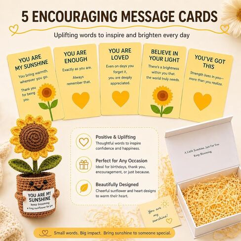 Handmade Crochet Sunflower Desk Decor - Knitted Positive Flower Figurine with Gift Box & 5 Message Cards, Aesthetic Office Home Room Decor Gift in Kuwait
