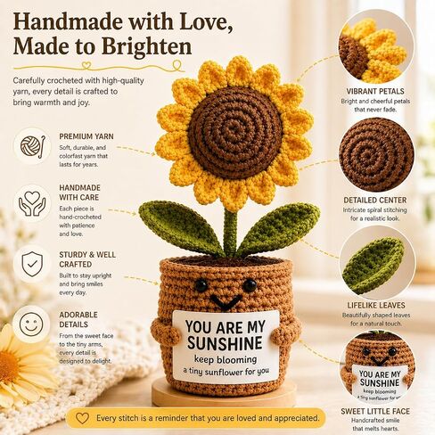 Handmade Crochet Sunflower Desk Decor - Knitted Positive Flower Figurine with Gift Box & 5 Message Cards, Aesthetic Office Home Room Decor Gift in Kuwait