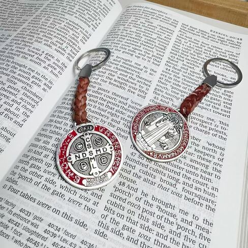 2pcs St. Benedict Medal Keychain, Braided Brown Leather, Antique Silver Finish, Religious Protection Charm with San Benito Cross in Saudi Arabia