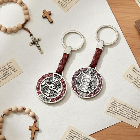 2pcs St. Benedict Medal Keychain, Braided Brown Leather, Antique Silver Finish, Religious Protection Charm with San Benito Cross in Saudi Arabia