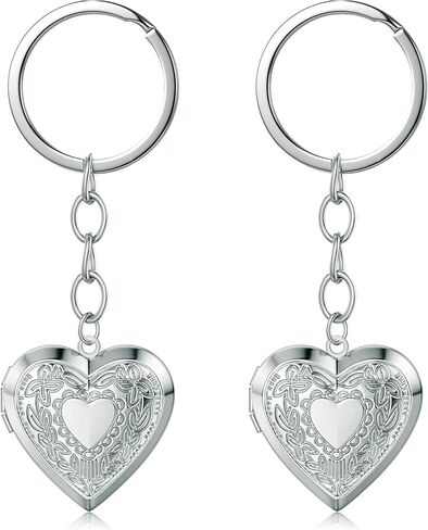 2PCS Elegant Heart Locket Keychain with Decorative Chain Stainless steel, Heart Pattern Design, Photo Frame Pendant in Saudi Arabia