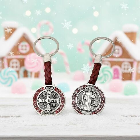 2pcs St. Benedict Medal Keychain, Braided Brown Leather, Antique Silver Finish, Religious Protection Charm with San Benito Cross in Saudi Arabia
