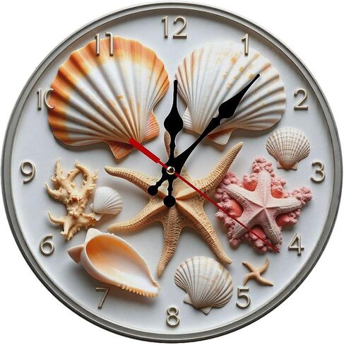 Wall Clock， Beach Seashell Non Ticking Wall Clocks Battery Operated， Blue Wooden Wall Clocks for Kitchen， Living Room， Bedroom， Office， Bathroom Decorative 25 * 25cm in Kuwait